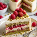 Himbeer-Pistazien-Torte mit frischen Himbeeren und gehackten Pistazien