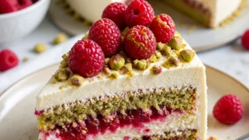 Himbeer-Pistazien-Torte mit frischen Himbeeren und gehackten Pistazien