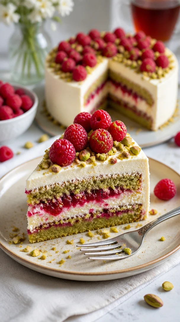 Himbeer-Pistazien-Torte mit frischen Himbeeren und gehackten Pistazien