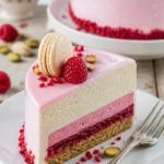 Himbeer-Pistazienmousse-Torte mit frischen Himbeeren und Pistazien dekoriert