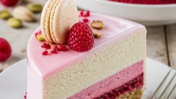 Himbeer-Pistazienmousse-Torte mit frischen Himbeeren und Pistazien dekoriert
