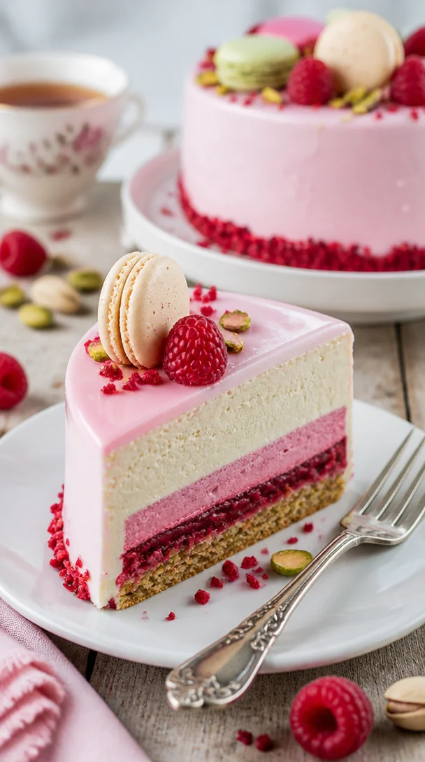 Himbeer-Pistazienmousse-Torte mit frischen Himbeeren und Pistazien dekoriert