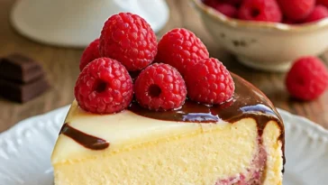 Himbeer-Schokoladen-Käsekuchen mit frischen Himbeeren und Schokoladenglasur