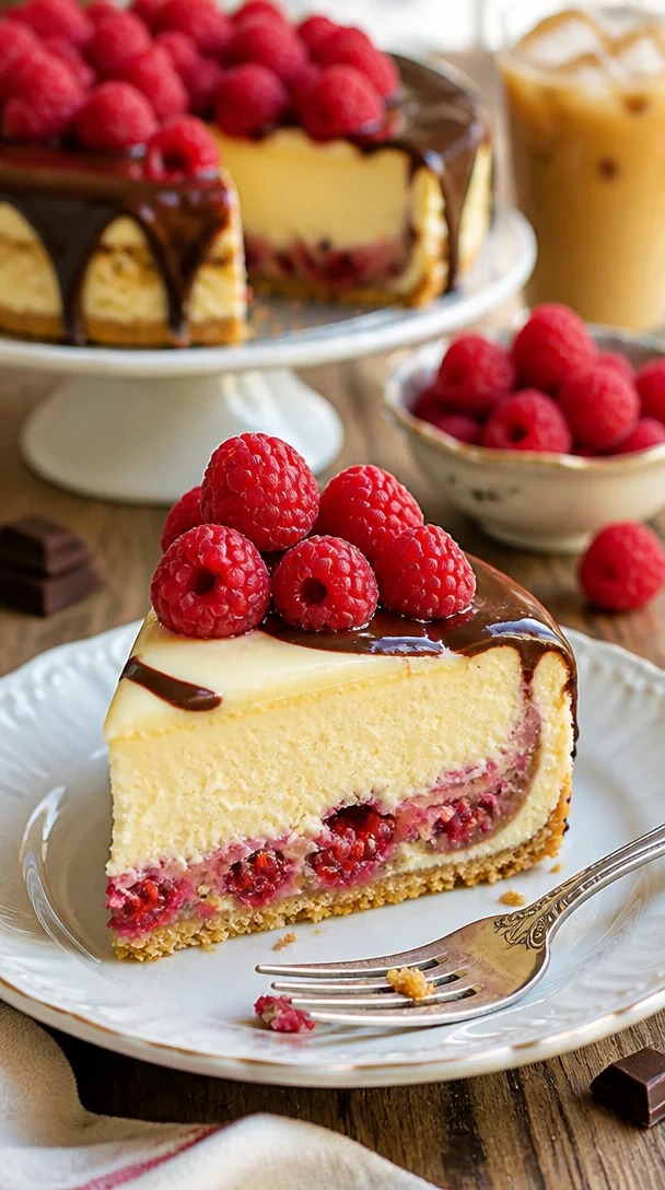 Himbeer-Schokoladen-Käsekuchen mit frischen Himbeeren und Schokoladenglasur
