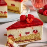 Himbeer-Vanillemousse-Torte mit Himbeeren und Vanillecreme, serviert auf einem eleganten Teller