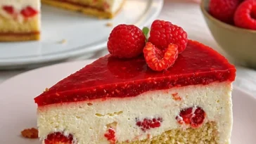 Himbeer-Vanillemousse-Torte mit Himbeeren und Vanillecreme, serviert auf einem eleganten Teller