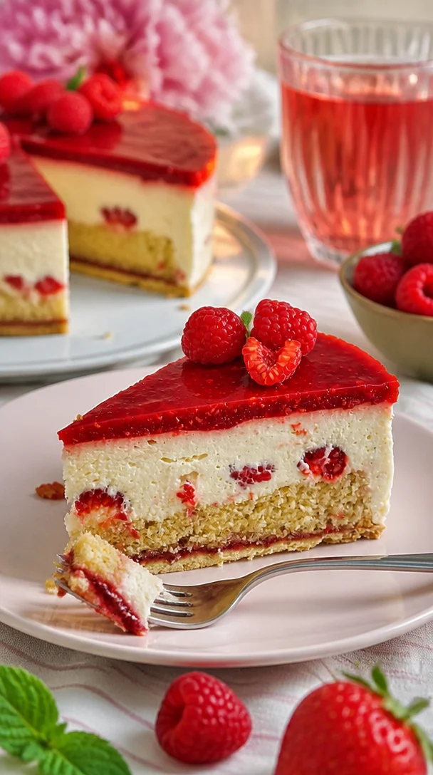 Himbeer-Vanillemousse-Torte mit Himbeeren und Vanillecreme, serviert auf einem eleganten Teller