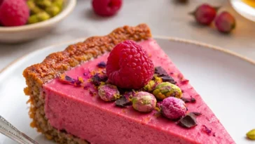 Himbeercreme Tarte mit frischen Himbeeren und Sahne auf einem knusprigen Boden
