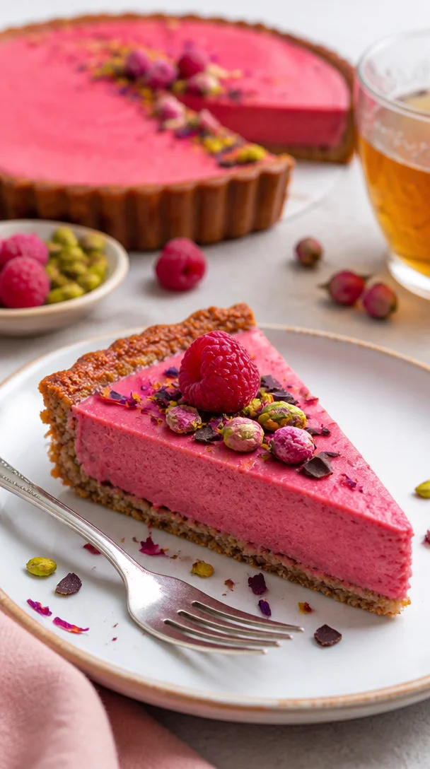 Himbeercreme Tarte mit frischen Himbeeren und Sahne auf einem knusprigen Boden