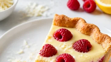 Himbeertarte mit weißer Schokolade auf einem Tortenständer