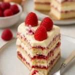 Himbeertorte mit Sahnecreme und weißer Schokolade auf einem Teller