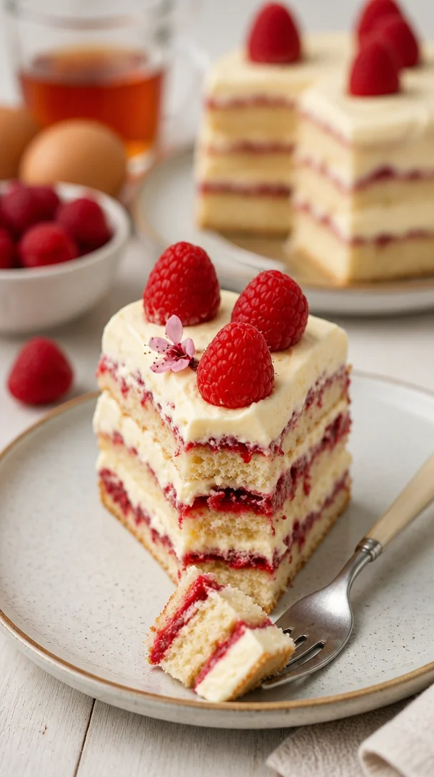 Himbeertorte mit Sahnecreme und weißer Schokolade auf einem Teller