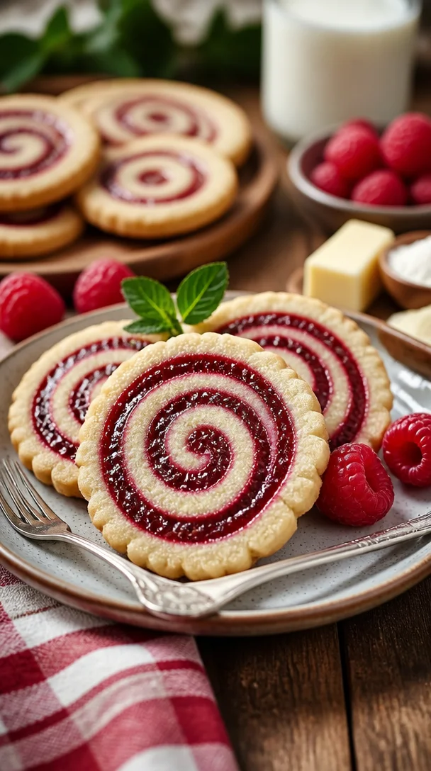 Himbeerwirbel Shortbread Kekse mit fruchtiger Himbeerfüllung
