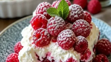 Himbeerwolke mit Mascarponecreme auf einem Teller