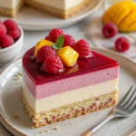 Himmlischer Mango-Raspberry-Mousse-Kuchen auf einem festlichen Tisch.