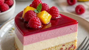 Himmlischer Mango-Raspberry-Mousse-Kuchen auf einem festlichen Tisch.