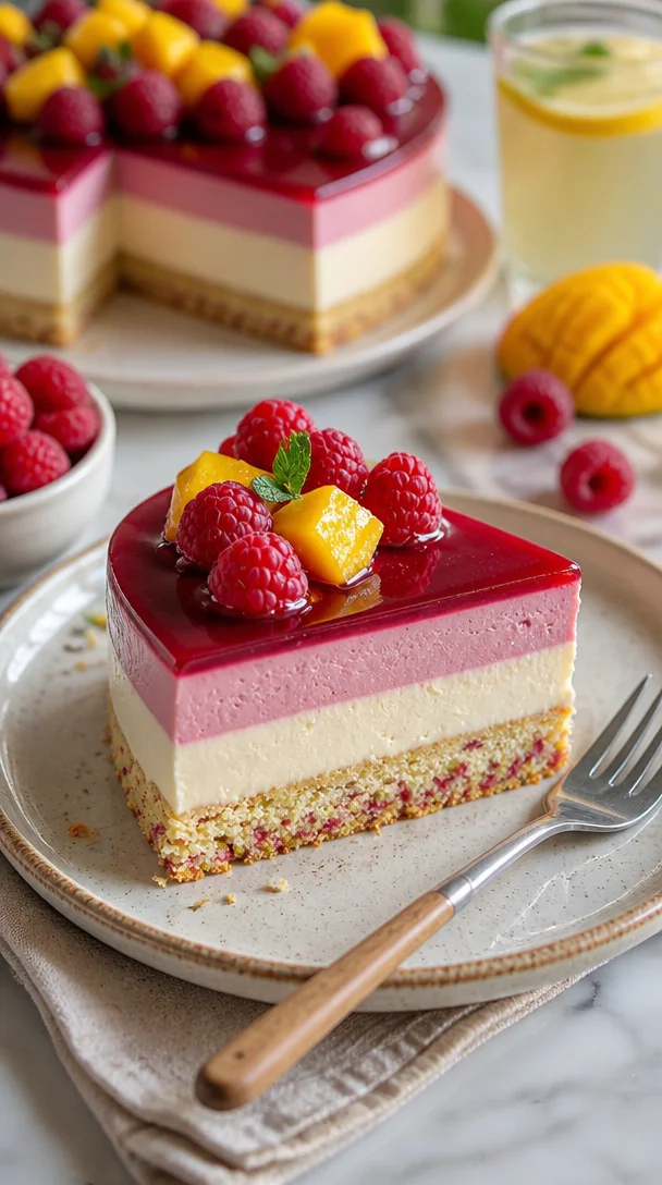 Himmlischer Mango-Raspberry-Mousse-Kuchen auf einem festlichen Tisch.