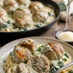 Hühnchen Ricotta Fleischbällchen in einer reichhaltigen Alfredo-Sauce serviert