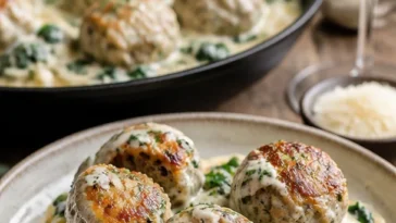 Hühnchen Ricotta Fleischbällchen in einer reichhaltigen Alfredo-Sauce serviert
