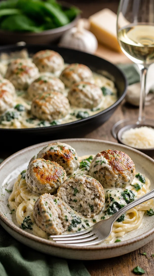 Hühnchen Ricotta Fleischbällchen in einer reichhaltigen Alfredo-Sauce serviert
