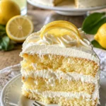 Italienischer Zitronencreme Kuchen auf einem Teller, dekoriert mit Zitronenscheiben