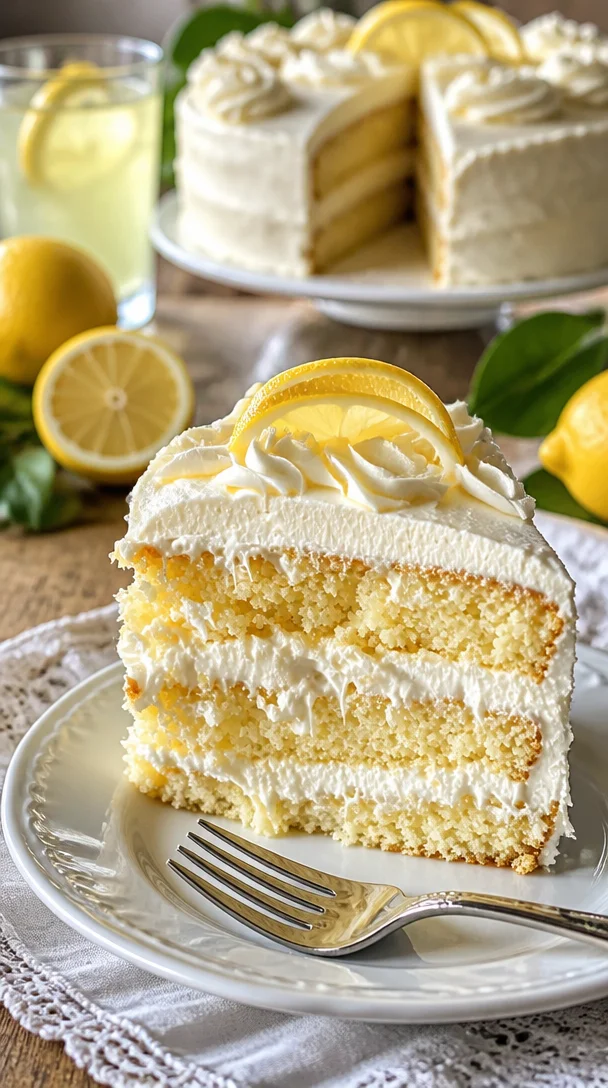 Italienischer Zitronencreme Kuchen auf einem Teller, dekoriert mit Zitronenscheiben