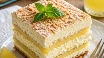 Italienisches Limoncello Tiramisu auf einem Teller serviert.