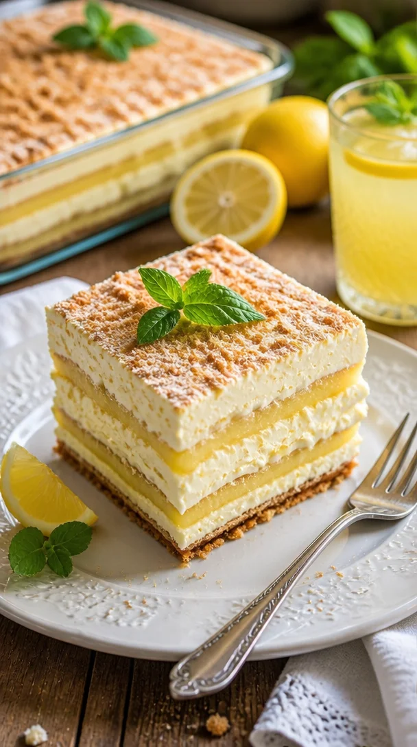 Italienisches Limoncello Tiramisu auf einem Teller serviert.