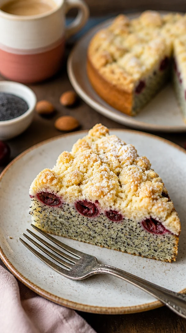 Joghurt-Mohn-Kuchen mit Kirschen und Streuseln auf einem Tisch serviert