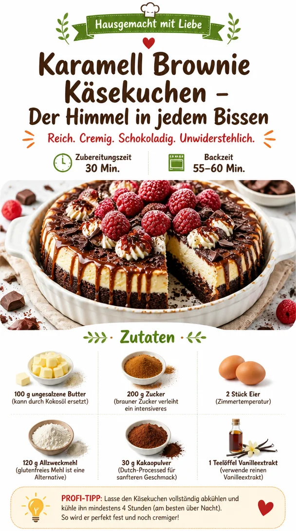 Karamell Brownie Käsekuchen – eine köstliche Kombination aus Brownie und Käsekuchen.