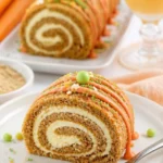 Saftige Karottenkuchenrolle mit cremiger Füllung auf einem Teller