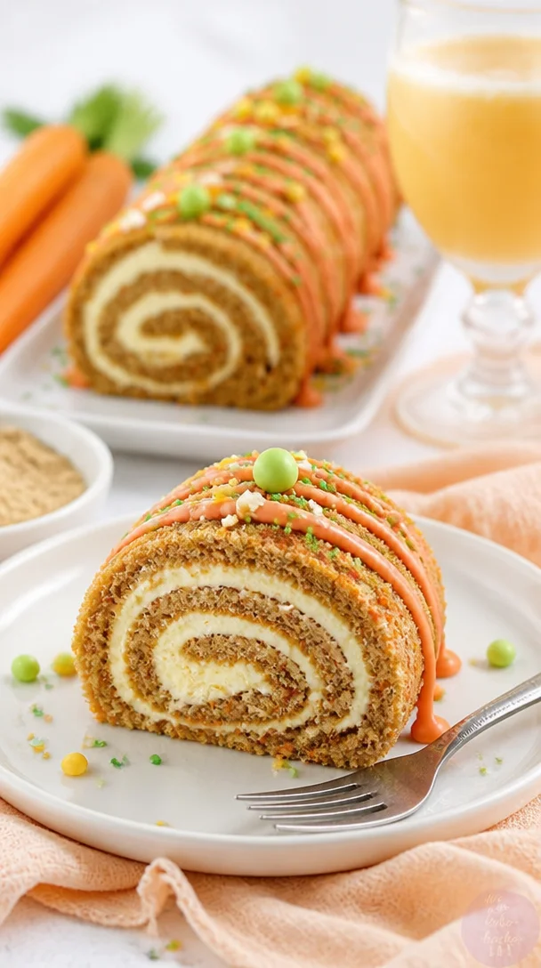Saftige Karottenkuchenrolle mit cremiger Füllung auf einem Teller