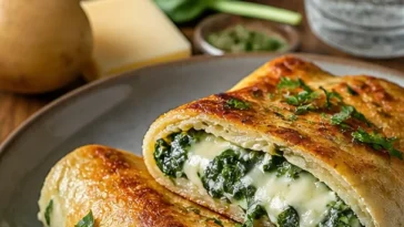 Kartoffeltaschen mit Spinat-Frischkäse auf einem Teller serviert