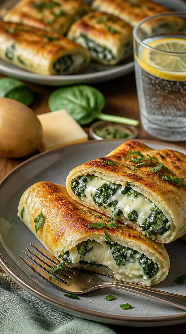 Kartoffeltaschen mit Spinat-Frischkäse auf einem Teller serviert