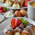 Käsekuchen-Eirollen-Dessert auf einem Teller serviert
