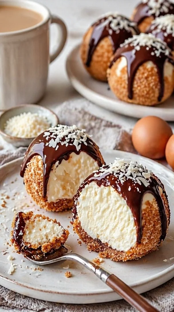 Leckere Käsekuchen-Kugeln auf einem Teller mit Dekoration