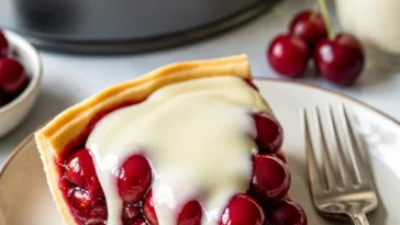 Käsekuchen mit Kirschen auf Mürbeteigboden serviert auf einem Teller