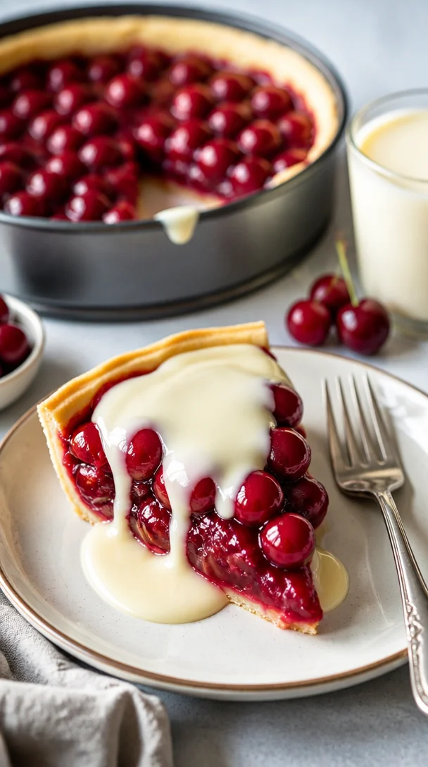 Käsekuchen mit Kirschen auf Mürbeteigboden serviert auf einem Teller