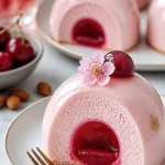 Delikate Kirschblüten-Mousse-Kuppeln auf einem Dessertteller.