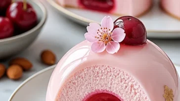 Delikate Kirschblüten-Mousse-Kuppeln auf einem Dessertteller.