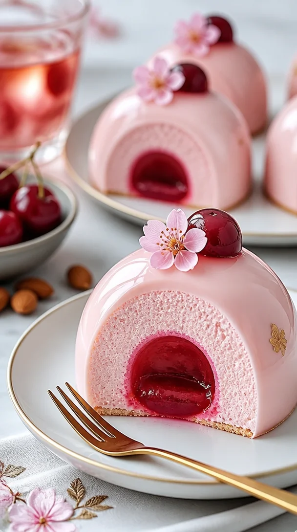 Delikate Kirschblüten-Mousse-Kuppeln auf einem Dessertteller.