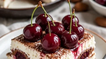Delikates Kirsche Amaretto Tiramisu mit frischen Kirschen und Amaretto-Likör.