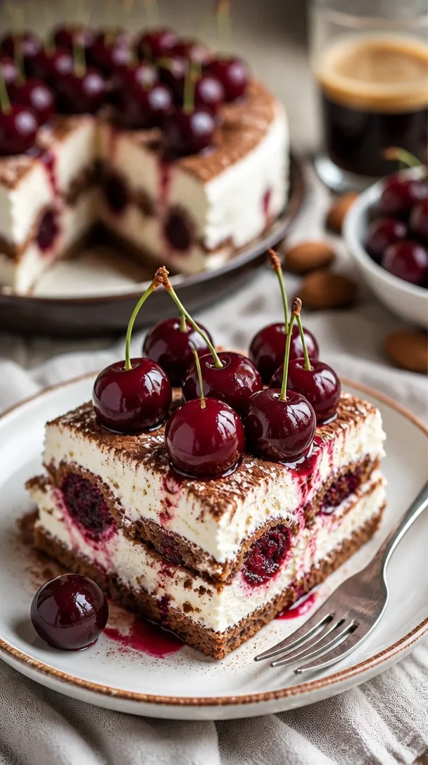 Delikates Kirsche Amaretto Tiramisu mit frischen Kirschen und Amaretto-Likör.