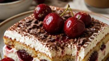 Leckeres Kirsche Amaretto Tiramisu auf einem Teller serviert