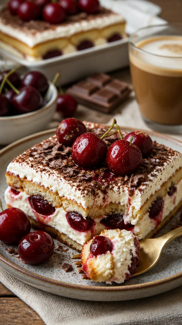 Leckeres Kirsche Amaretto Tiramisu auf einem Teller serviert