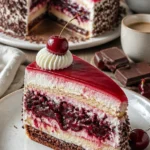 Kirschtorte mit Stracciatellacreme auf einem Teller dekoriert