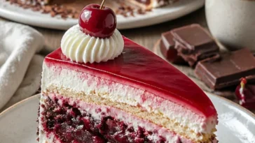 Kirschtorte mit Stracciatellacreme auf einem Teller dekoriert