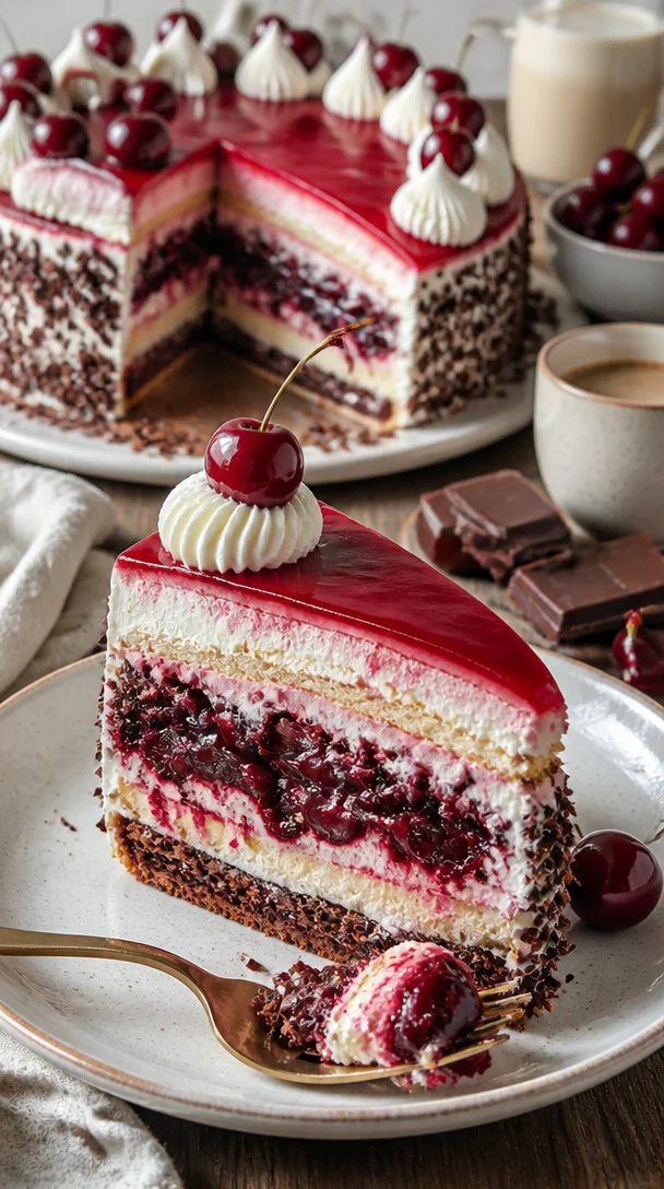 Kirschtorte mit Stracciatellacreme auf einem Teller dekoriert
