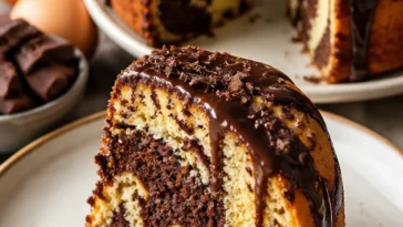Klassischer Mamorkuchen auf einem Teller, dekoriert mit Puderzucker