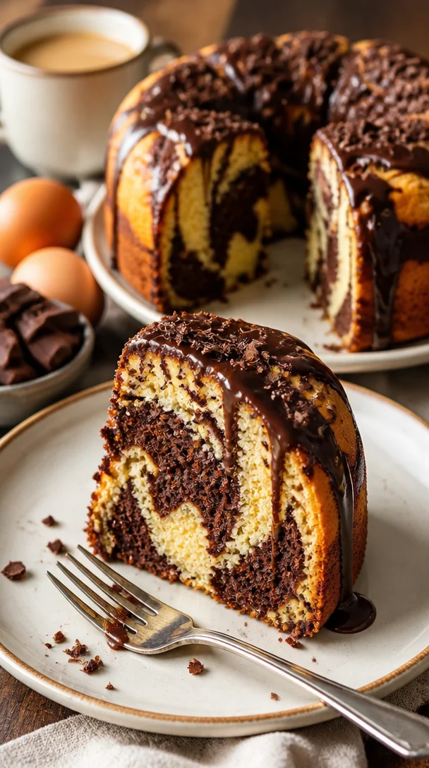 Klassischer Mamorkuchen auf einem Teller, dekoriert mit Puderzucker